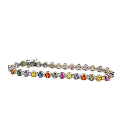 18k White Gold 10.95ct Round Multi Colored Blue, Yellow, Green , Pink, Orange  Sapphire total weight  and .68ct G SI1 Round Diamond Bracelet