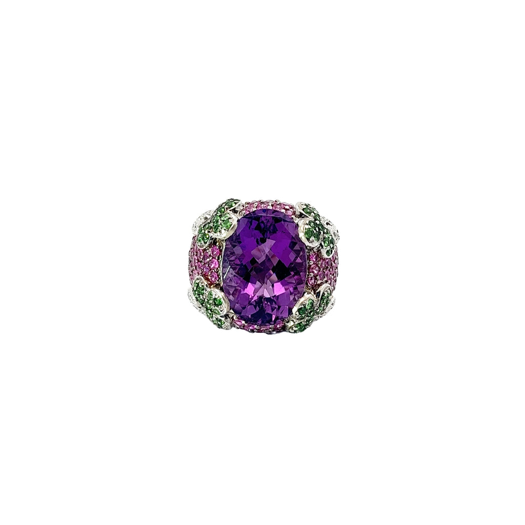 14k White Gold .20ct G SI1 Round Diamond ,Amethyst, Pink Sapphire, and Tsavorite Ring