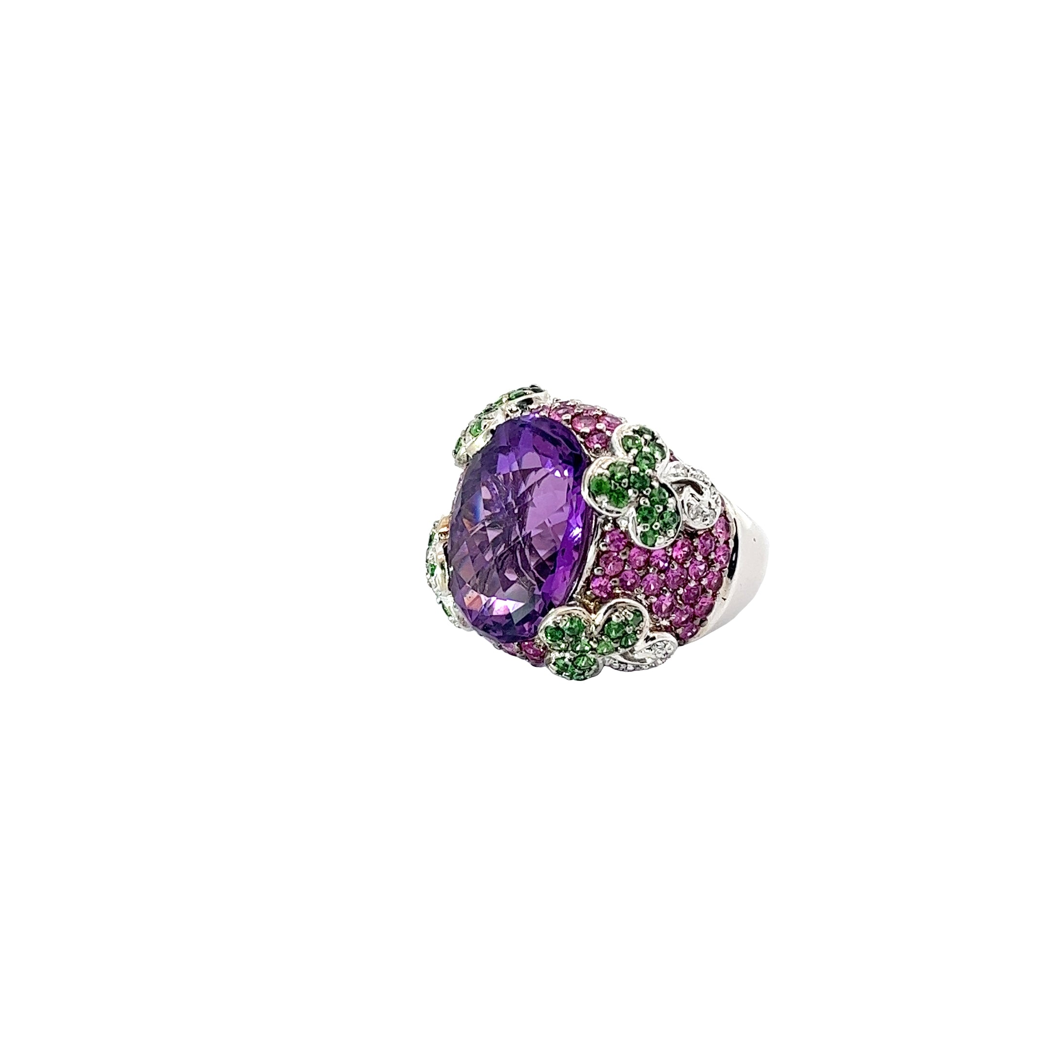 14k White Gold .20ct G SI1 Round Diamond ,Amethyst, Pink Sapphire, and Tsavorite Ring