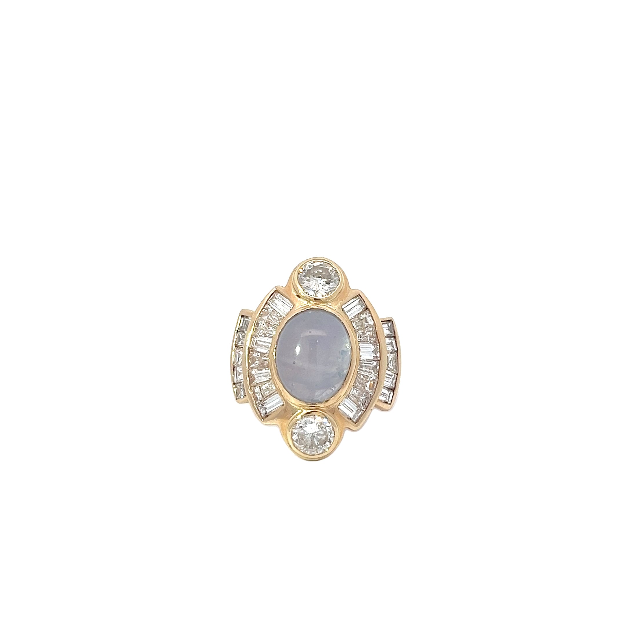 14k Yellow Gold Vintage 4.00ct Center Star Sapphire, 2.00ct G VS2 Baguette and 1.00ct G VS2 Round Diamond Ring