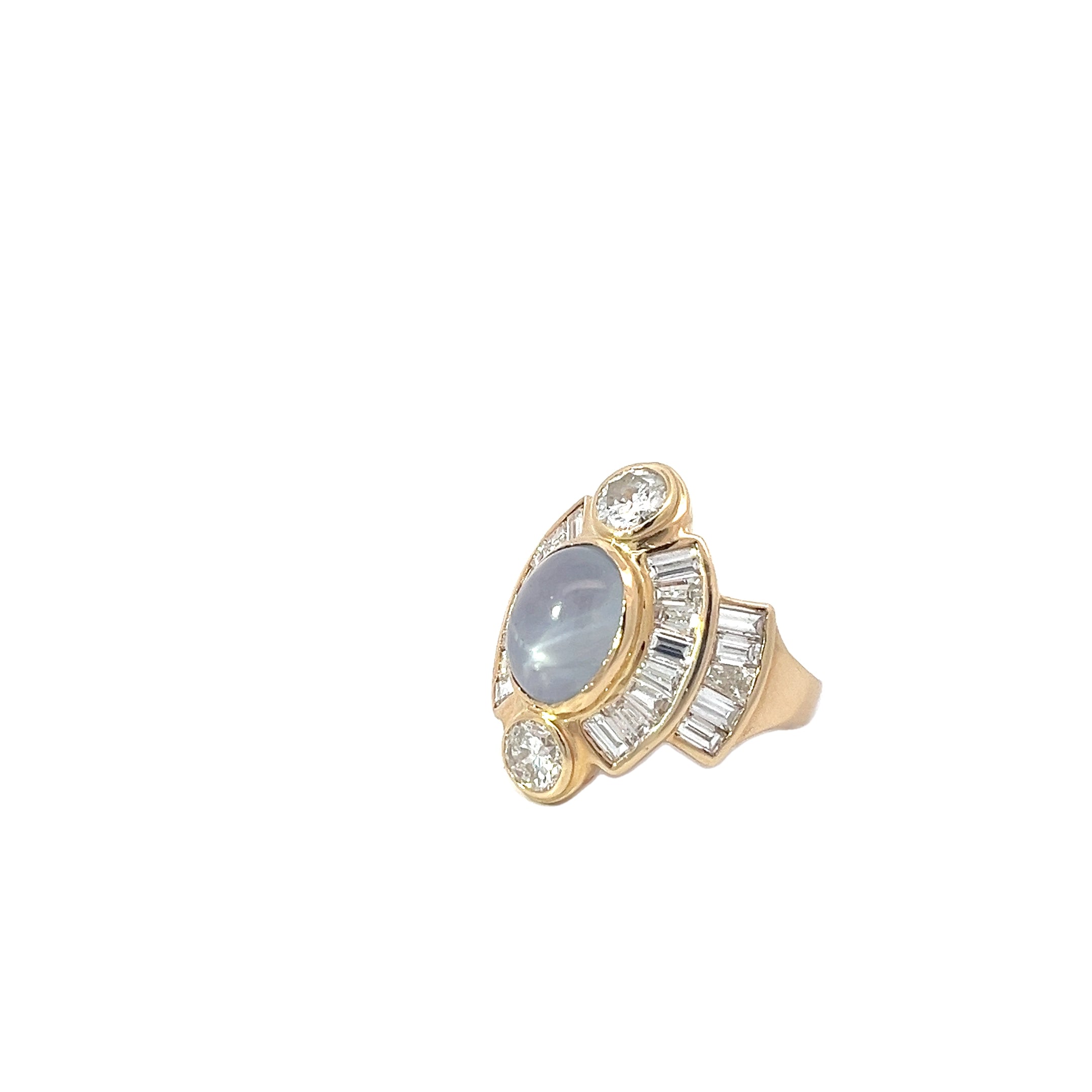 14k Yellow Gold Vintage 4.00ct Center Star Sapphire, 2.00ct G VS2 Baguette and 1.00ct G VS2 Round Diamond Ring