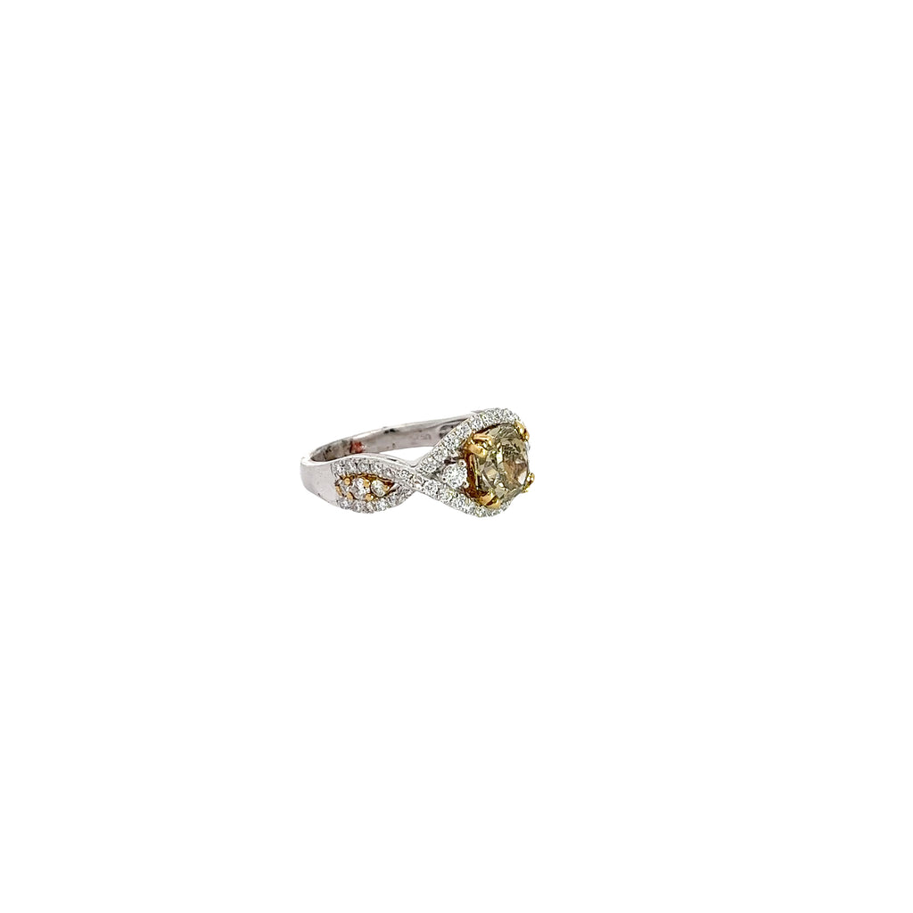18k White Gold 1.96ct Vs2 Natural Fancy Dark Brown-Greenish Yellow  Cushion Shaped and .95ct F VS2 Round Diamond the Halo and along the Band Engagement Ring Certified by GIA #1196234390