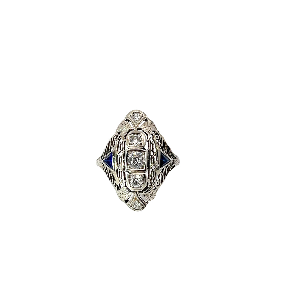 18k White Gold Vintage .50ct VS2 Round Diamond & (2)Trillion Shape Blue Sapphire Ring Size 6