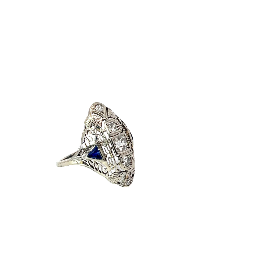 18k White Gold Vintage .50ct VS2 Round Diamond & (2)Trillion Shape Blue Sapphire Ring Size 6