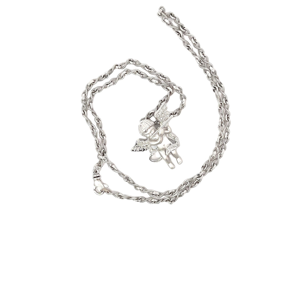 14k White Gold .20ct F VS2 Round Diamond Cherub with a Flute/ Braided Infinity Fancy Link Chain 17.2 gram