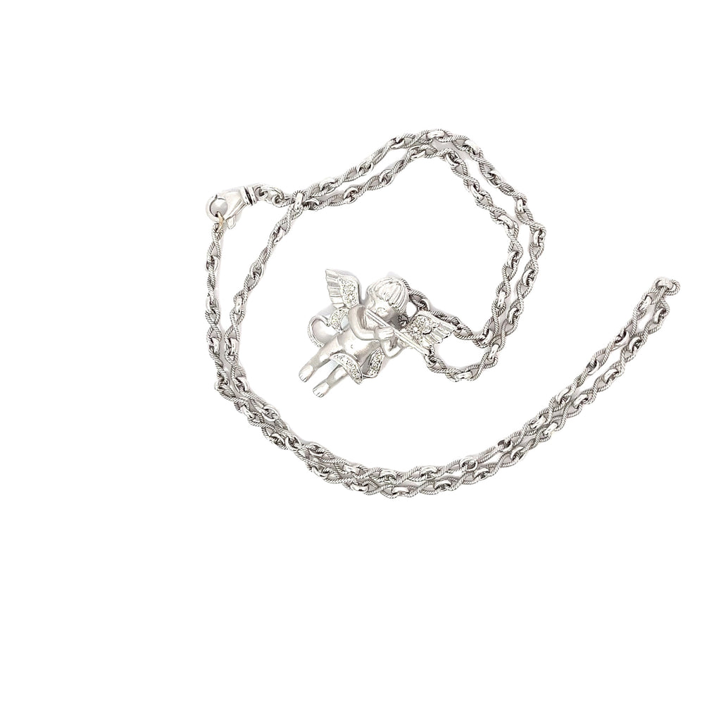 14k White Gold .20ct F VS2 Round Diamond Cherub with a Flute/ Braided Infinity Fancy Link Chain 17.2 gram
