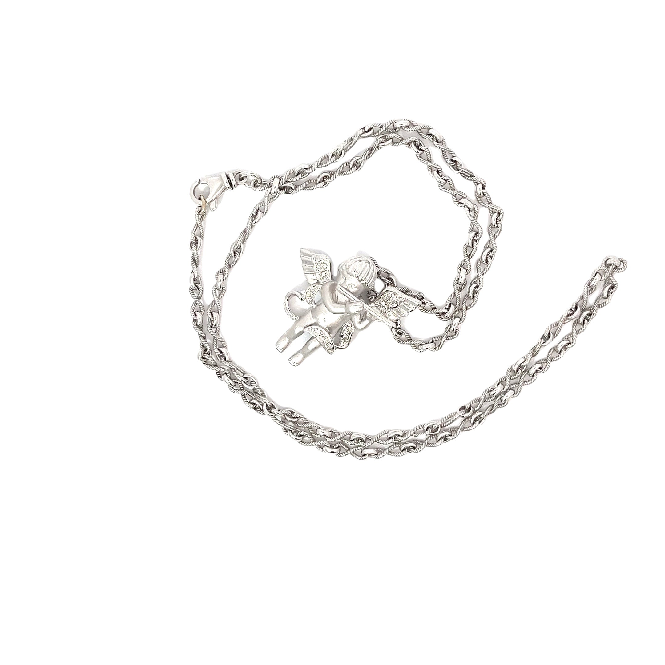 14k White Gold .20ct F VS2 Round Diamond Cherub with a Flute/ Braided Infinity Fancy Link Chain 17.2 gram