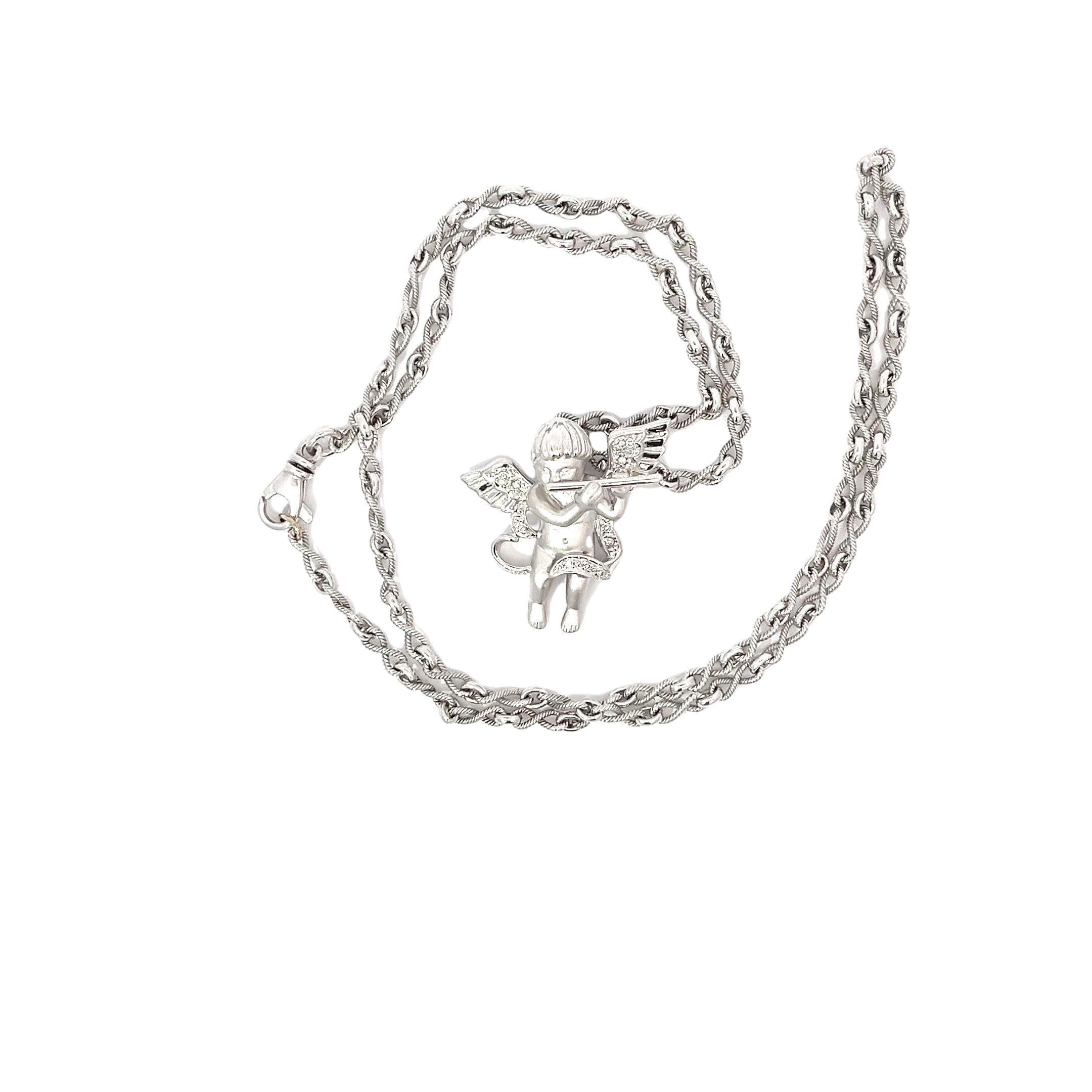 14k White Gold .20ct F VS2 Round Diamond Cherub with a Flute/ Braided Infinity Fancy Link Chain 17.2 gram