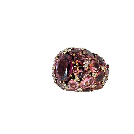18k Yellow Gold 12.00ct Oval Shape Center Pink Tourmaline/ 30.00ct Oval Shape Pink Tourmalines Perfectly Matched Total Weight Around and .62ct F SI1 Round Diamond Ring Size 6.5