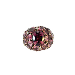 18k Yellow Gold 12.00ct Oval Shape Center Pink Tourmaline/ 30.00ct Oval Shape Pink Tourmalines Perfectly Matched Total Weight around and .62ct F SI1 Round Diamond Ring