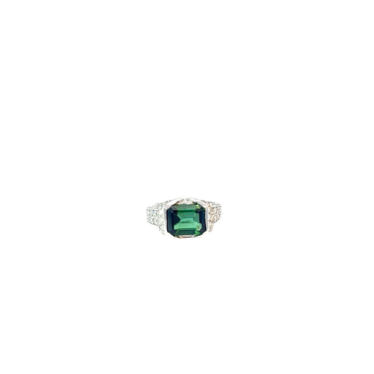 18k White Gold 4.20ct Radiant Green Tourmaline and 1.00 G VS2 Round Diamond Ring