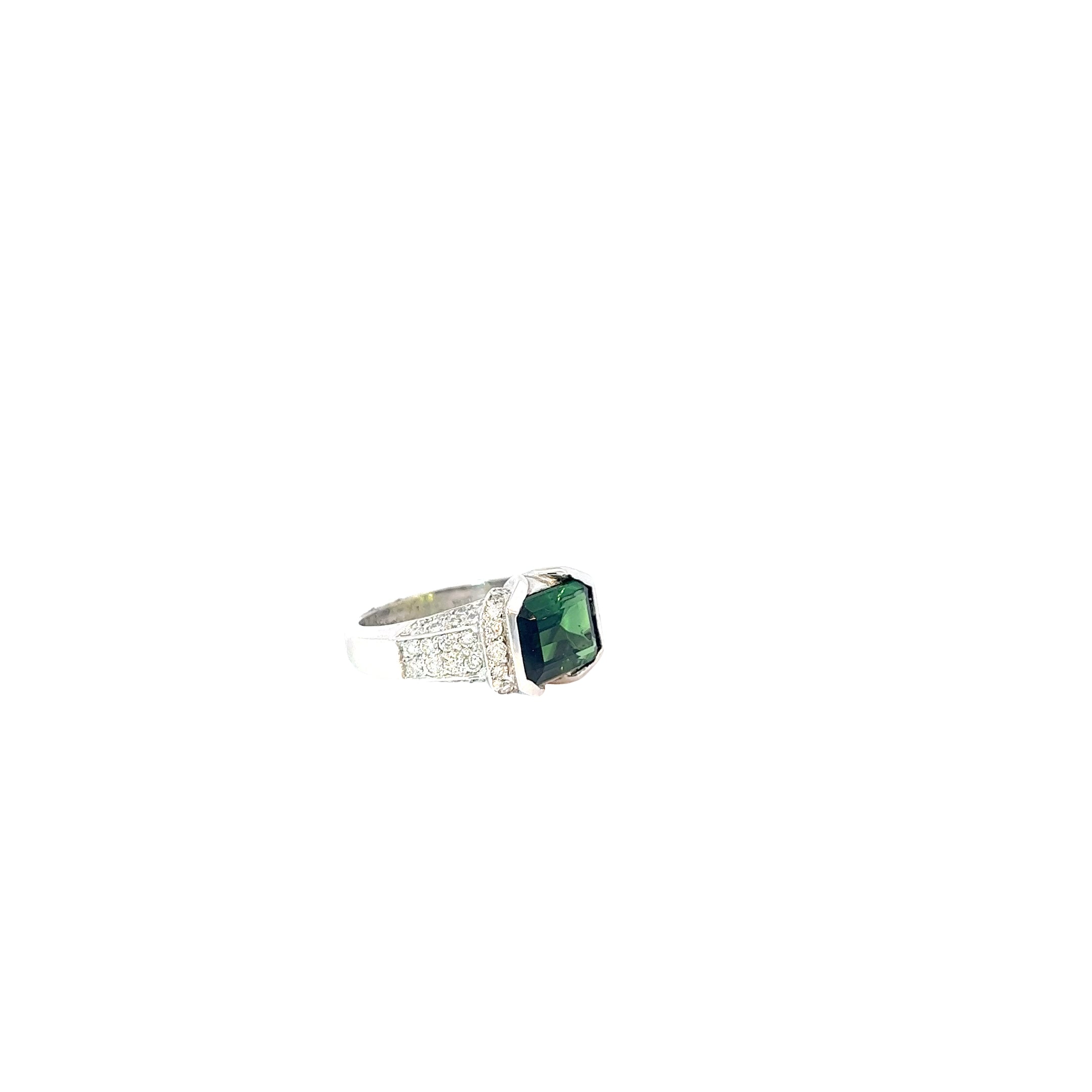 18k White Gold 4.20ct Radiant Green Tourmaline and 1.00 G VS2 Round Diamond Ring