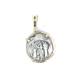14k Two Tone Medium Coin Frame Atocha Copy with Oval Emerald on the Bail and Round Diamond Pendant