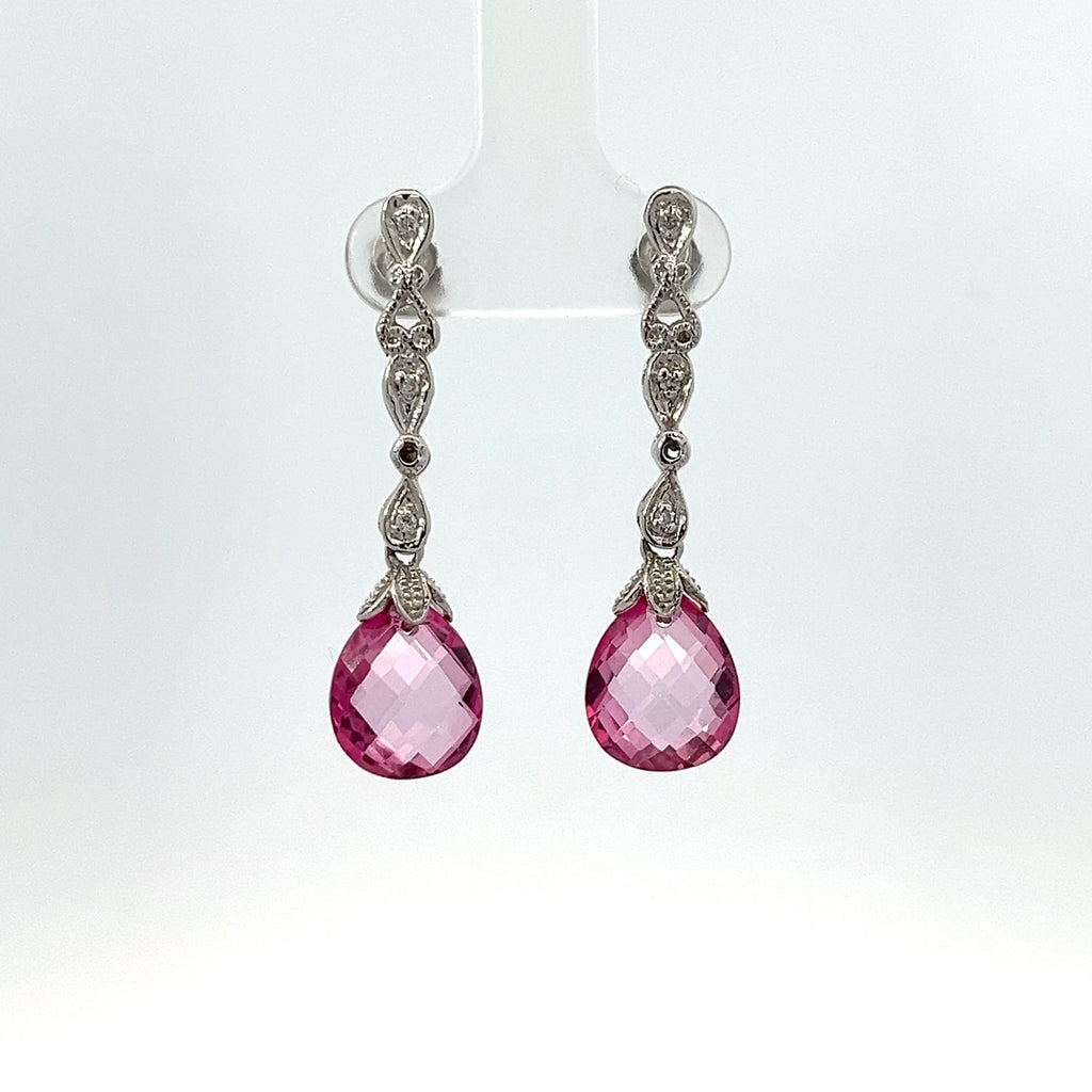 14k White Gold 5.00ct Briolette Pink Topaz Earrings