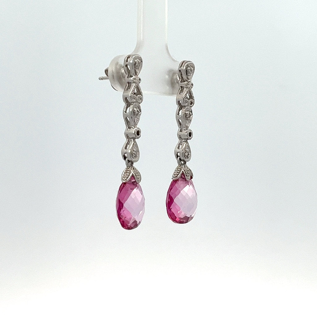 14k White Gold 5.00ct Briolette Pink Topaz Earrings