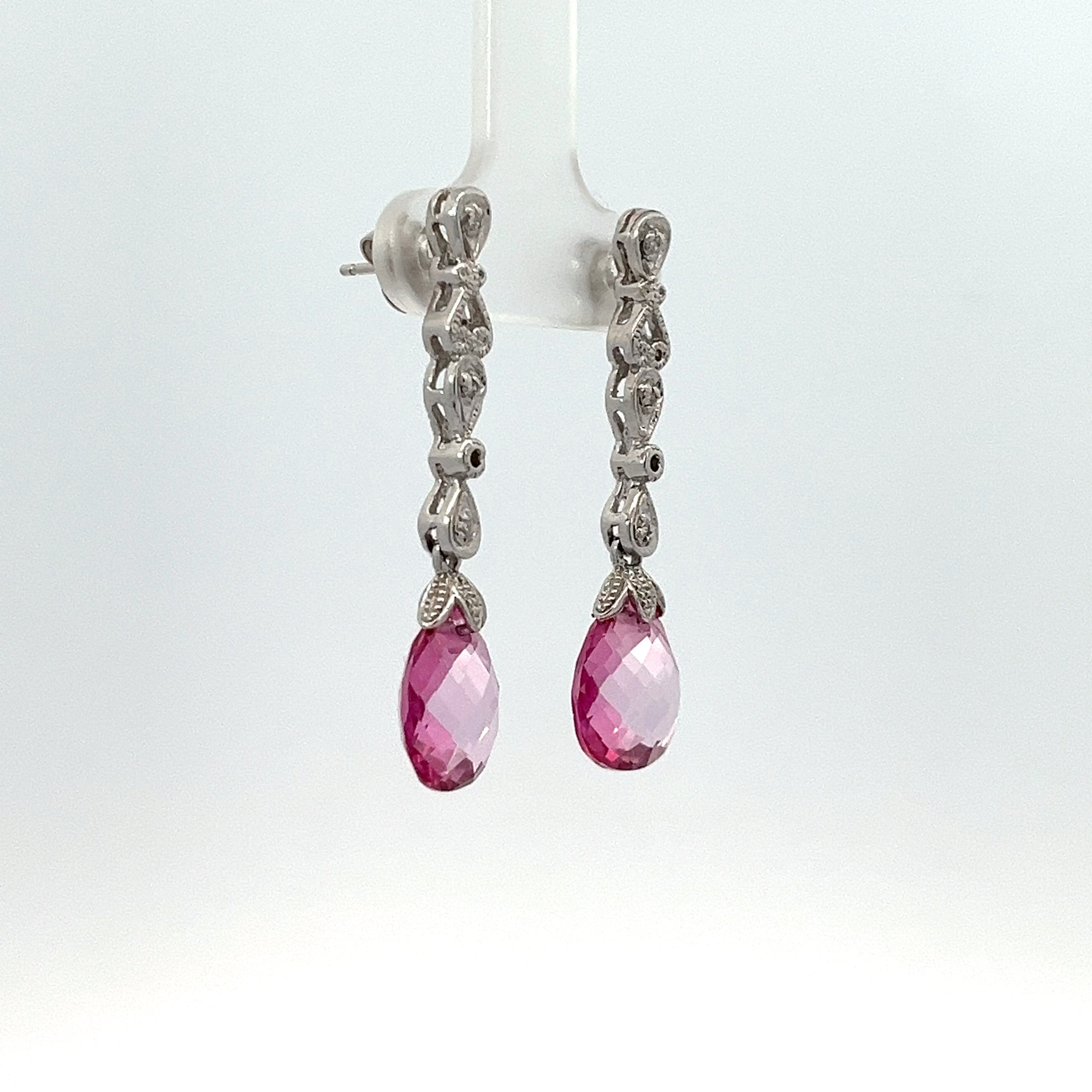 14k White Gold 5.00ct Briolette Pink Topaz Earrings