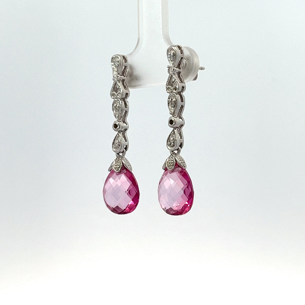 14k White Gold 5.00ct Briolette Pink Topaz Earrings