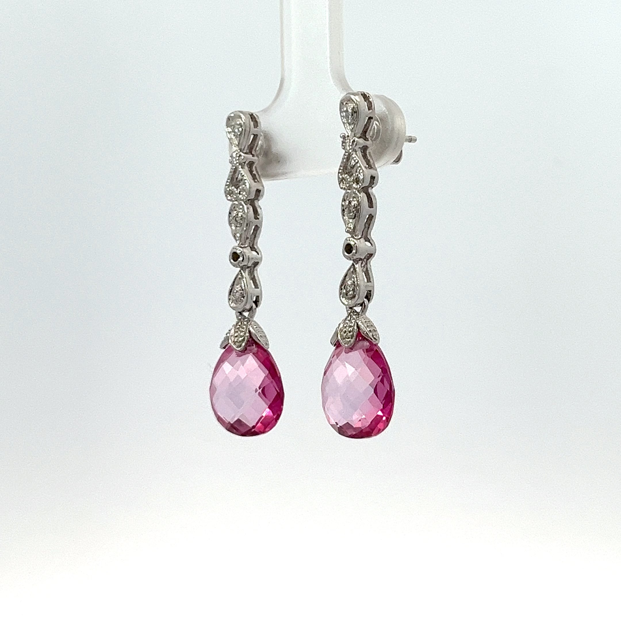 14k White Gold 5.00ct Briolette Pink Topaz Earrings