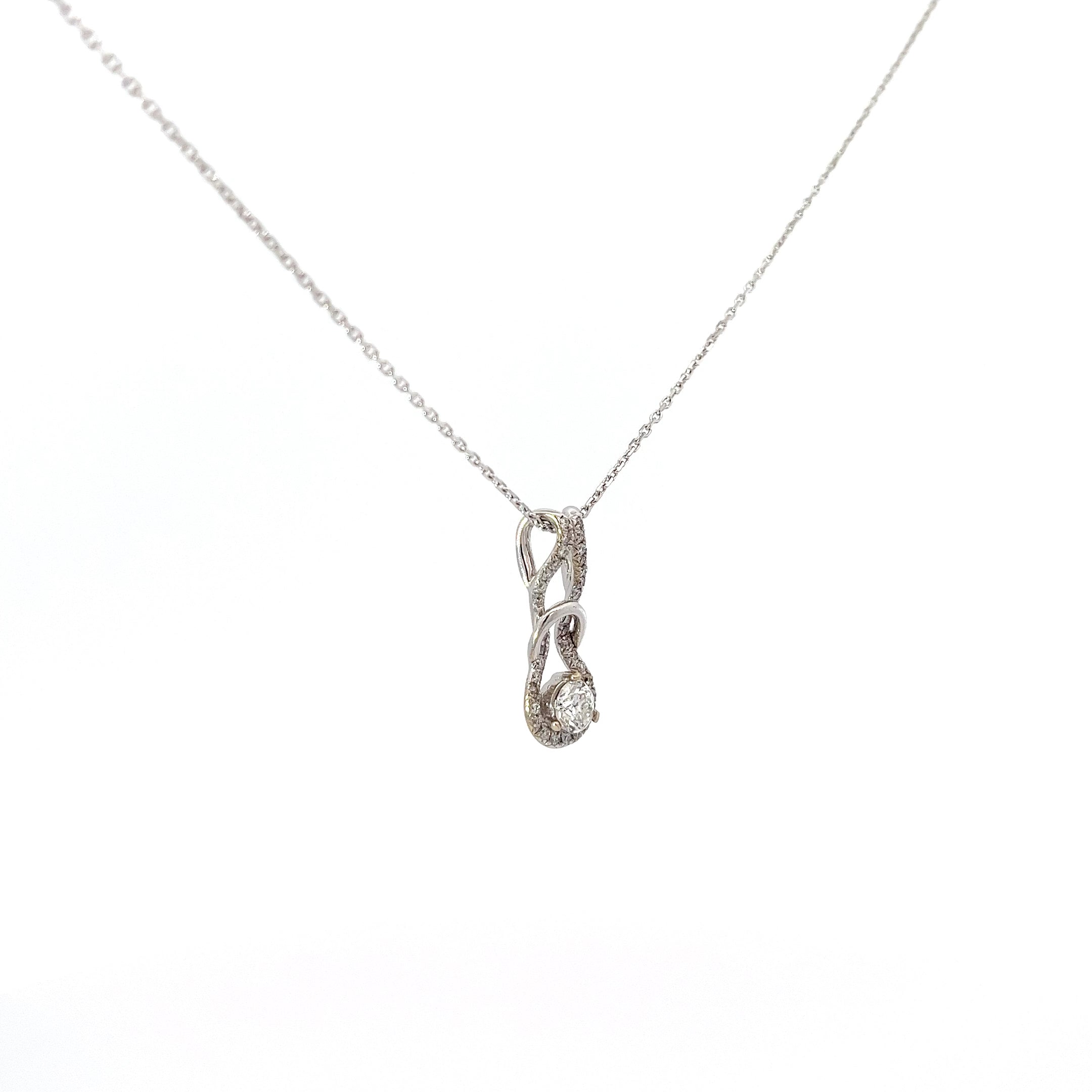 14k White Gold .42ct F SI1 Round Diamond along the side/ .20ct Round Diamond Love Knot Necklace