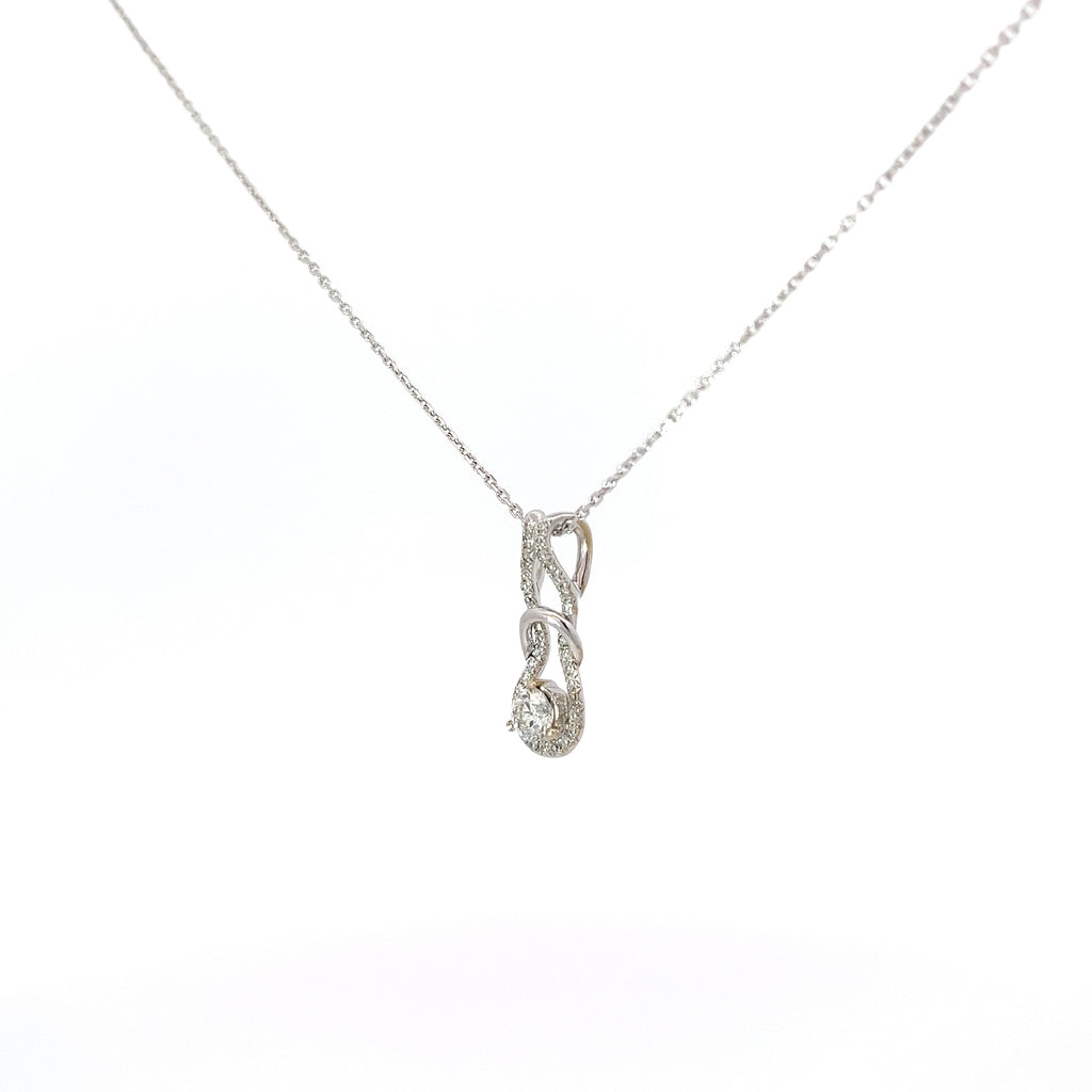 14k White Gold .42ct F SI1 Round Diamond along the side/ .20ct Round Diamond Love Knot Necklace