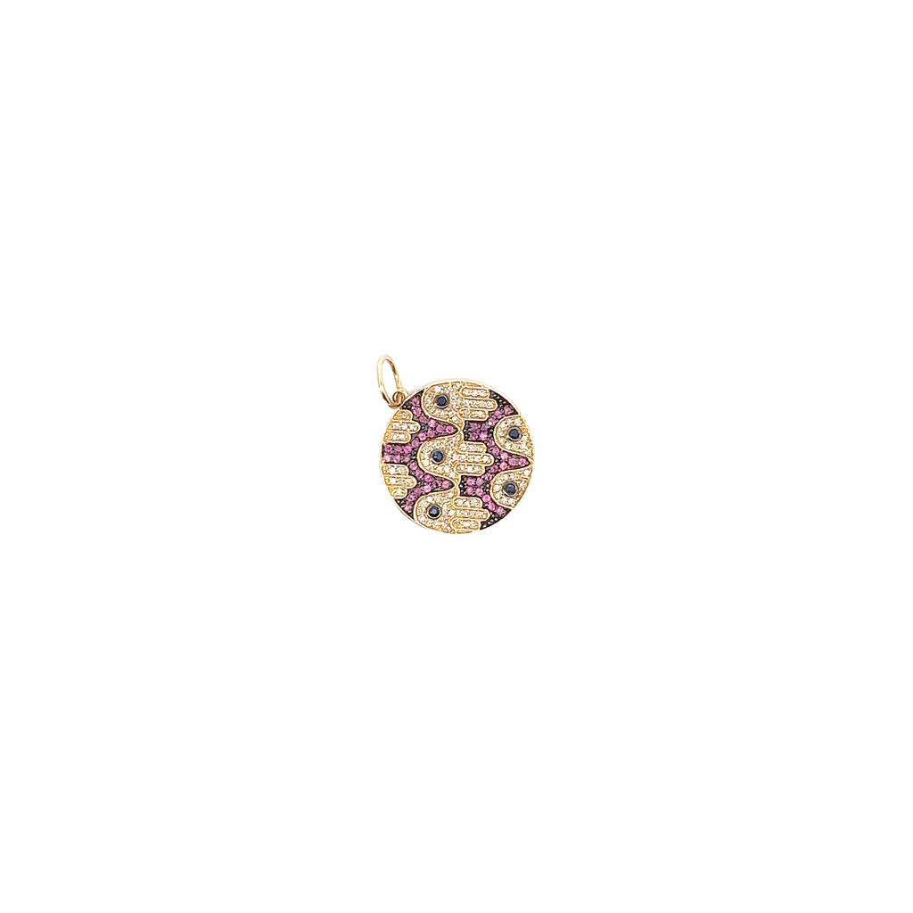 14k Yellow Gold .30ct G SI1 Round  Diamond and  Pink Sapphire HAMZA Charm 20mm 2.9 gram