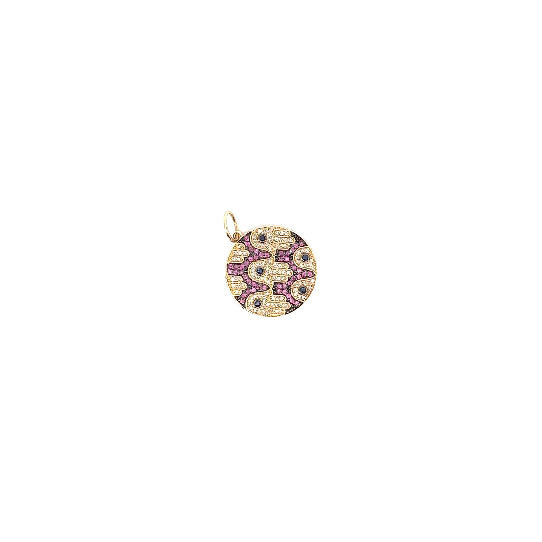 14k Yellow Gold .30ct G SI1 Round  Diamond and  Pink Sapphire HAMZA Charm 20mm 2.9 gram