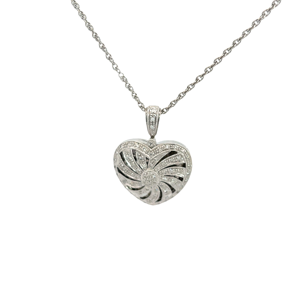 18k White Gold .75ct E VS2 Round Diamond Heart Locket with Swirl Open Work 9 gram with 14k White Gold Wheat Chain 3.8 gram