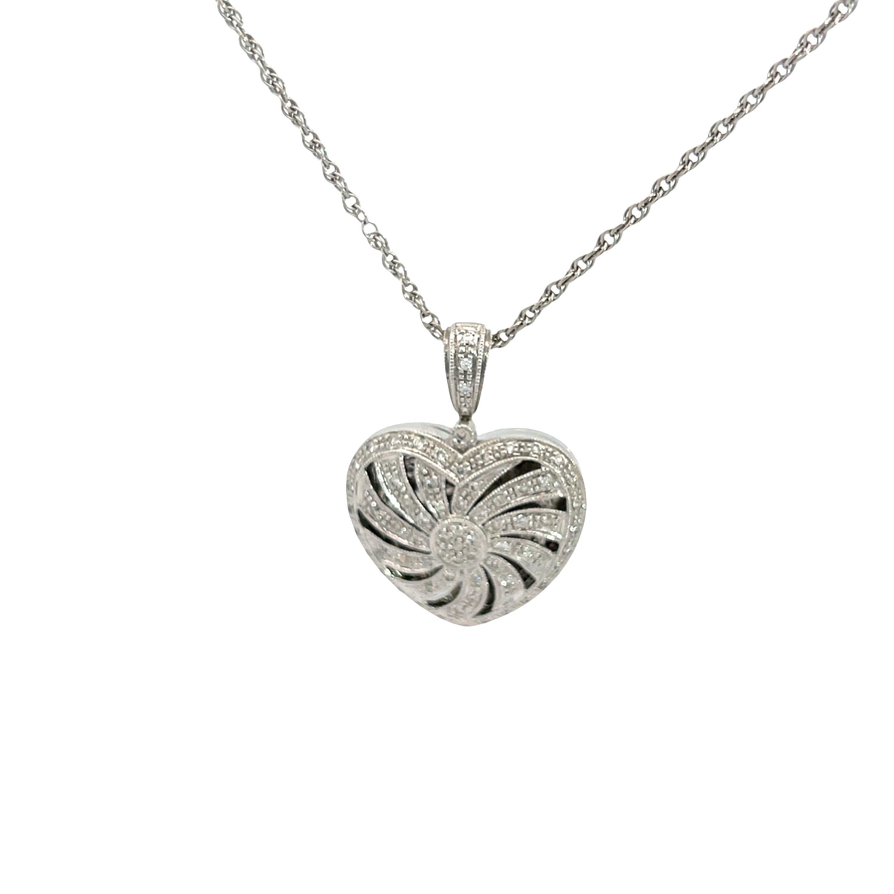 18k White Gold .75ct E VS2 Round Diamond Heart Locket with Swirl Open Work 9 gram with 14k White Gold Wheat Chain 3.8 gram