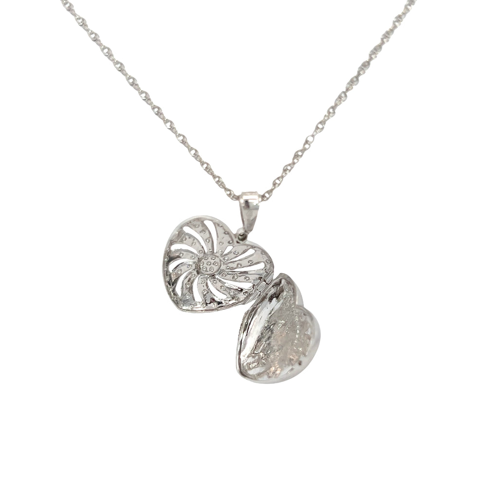 18k White Gold .75ct E VS2 Round Diamond Heart Locket with Swirl Open Work 9 gram with 14k White Gold Wheat Chain 3.8 gram