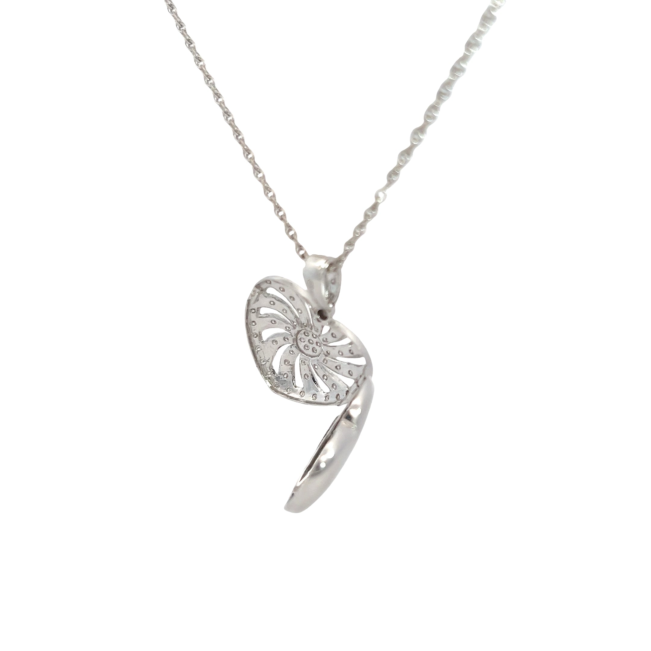 18k White Gold .75ct E VS2 Round Diamond Heart Locket with Swirl Open Work 9 gram with 14k White Gold Wheat Chain 3.8 gram