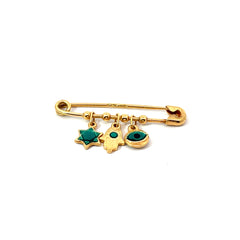 18k Yellow Gold Baby Safelty Pin with Evil Eye, Star of David and Khamsa