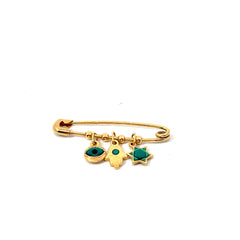 18k Yellow Gold Baby Safelty Pin with Evil Eye, Star of David and Khamsa