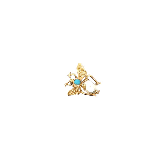 14k Yellow Gold Round Turquoise Enamel and Baroque Pearl Vintage Brooch/ Pin 3.2 gram