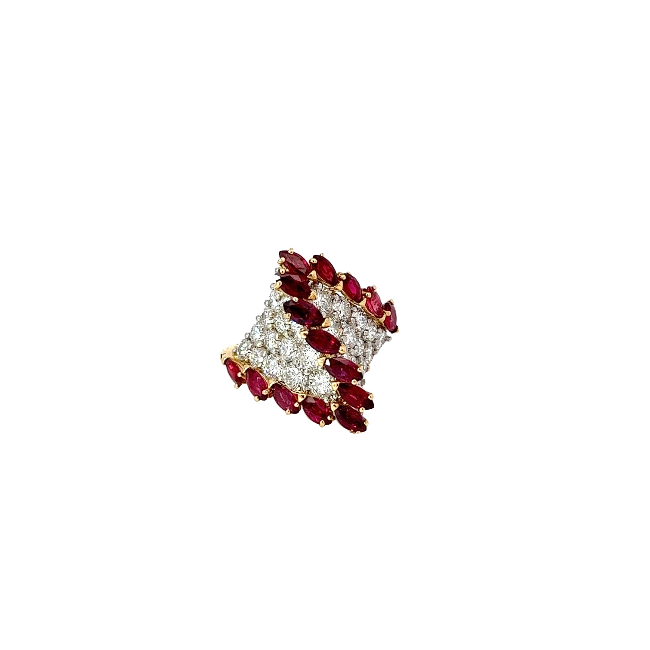 18k Yellow Gold 3.00ct F VS2 Round Diamond and 2.00ct Marquise AAA Ruby Ring