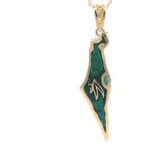 14K YELLOW GOLD GREEN MALACHITE AND TURQUOISE ISREAL CHARM PENDANT