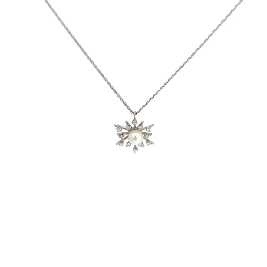 14k White Gold .25ct G VS2 Round Diamond and Tahitian Pearl 5mm Snowflake Necklace
