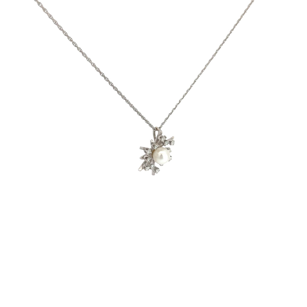 14k White Gold .25ct G VS2 Round Diamond and Tahitian Pearl 5mm Snowflake Necklace