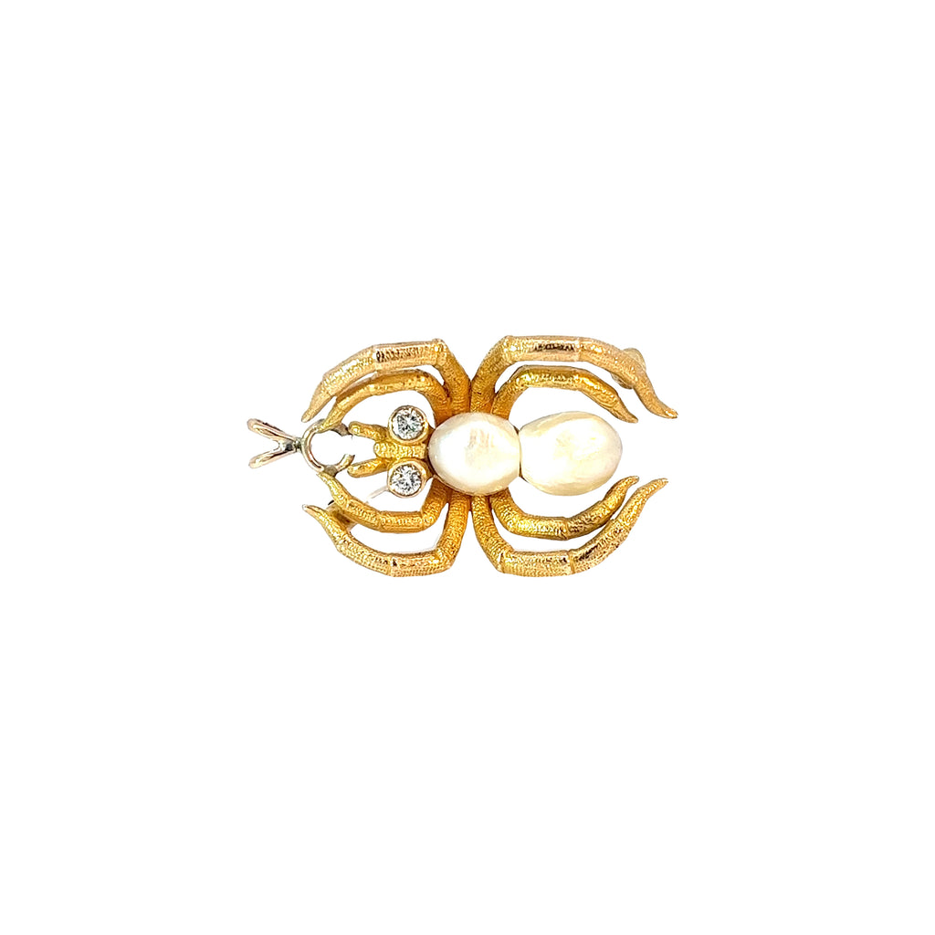 14k Yellow Gold .10ct G VS2 Round Diamond and Pearl Tarantula Spider Vintage Pendant / Pin Brooch
