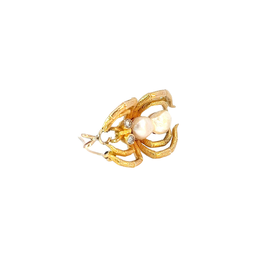 14k Yellow Gold .10ct G VS2 Round Diamond and Pearl Tarantula Spider Vintage Pendant / Pin Brooch