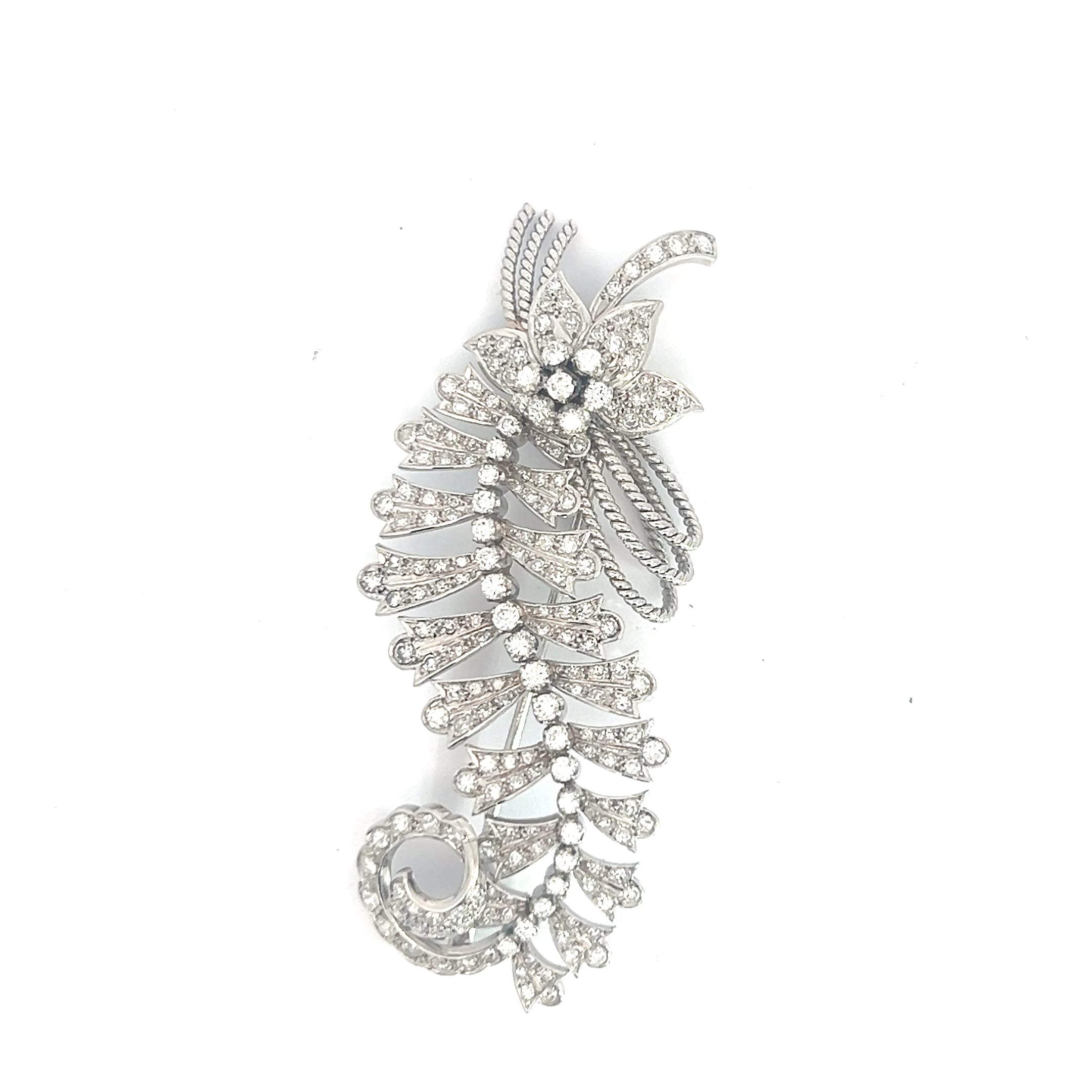 Platinum 4.20ct Vintage Floral Leaf Brooch/Pin 3" inch Long