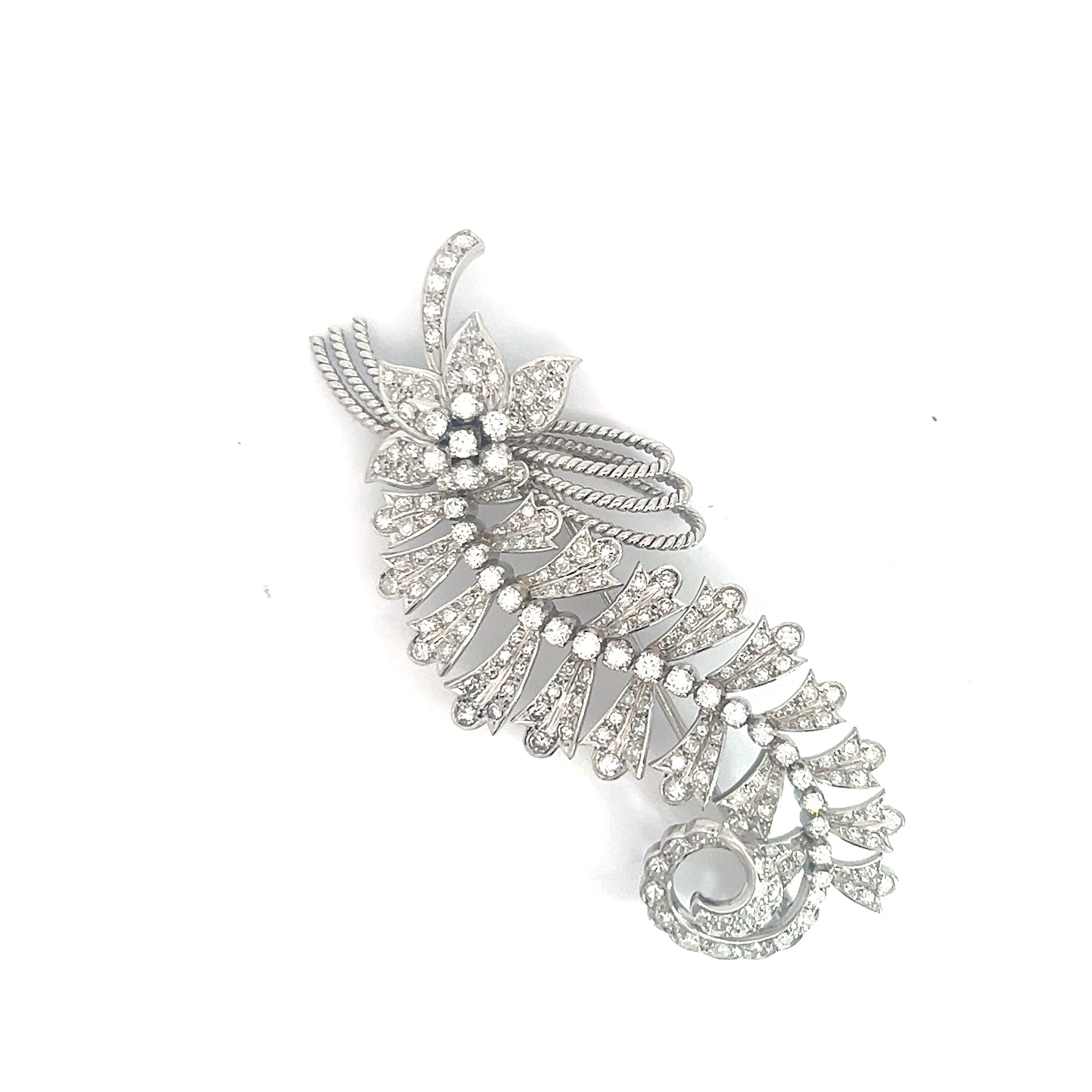 Platinum 4.20ct Vintage Floral Leaf Brooch/Pin 3" inch Long