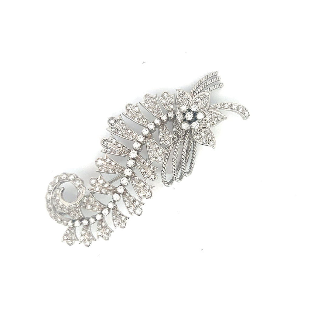 Platinum 4.20ct Vintage Floral Leaf Brooch/Pin 3" inch Long