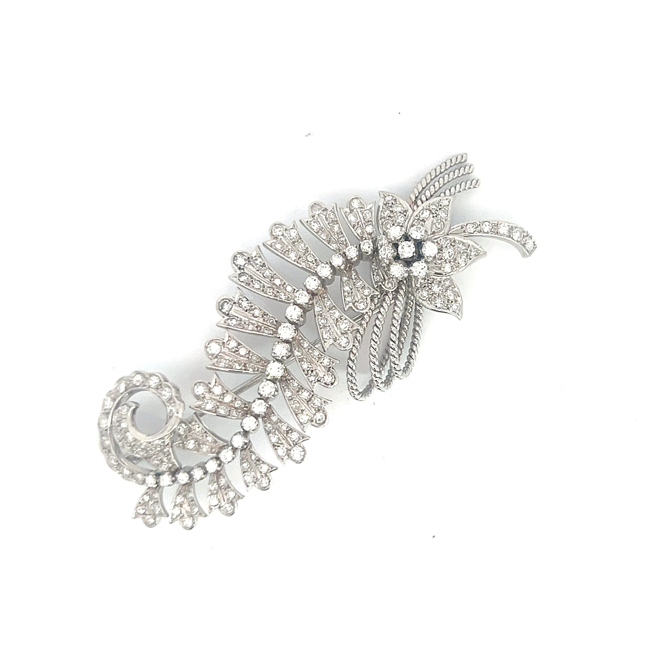Platinum 4.20ct Vintage Floral Leaf Brooch/Pin 3" inch Long