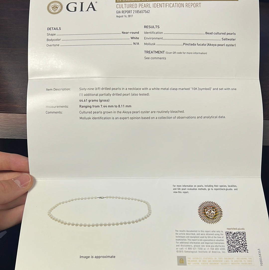 14k White Gold Cultured Saltwater Akoya Pearl Necklace 8mm Certified By GIA  #2185657562