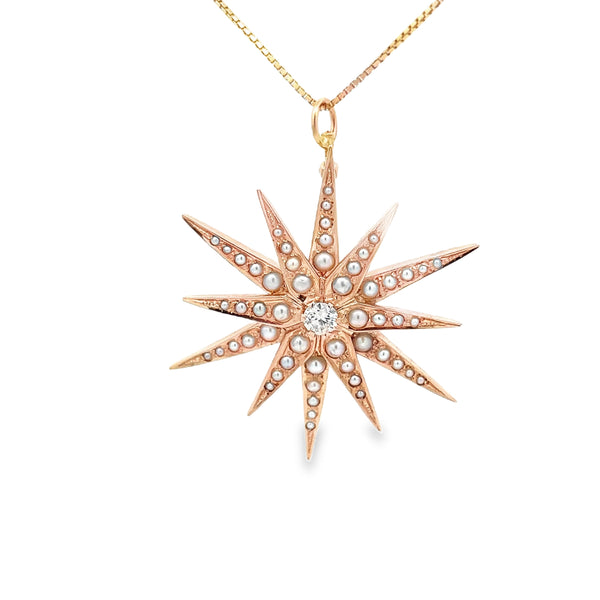 14k Yellow Gold .25ct F VS2 Old Mine Cut Round Diamond and Seed Pearl North Star Pendant