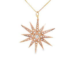 14k Yellow Gold .25ct F VS2 Old Mine Cut Round Diamond and Seed Pearl North Star Pendant