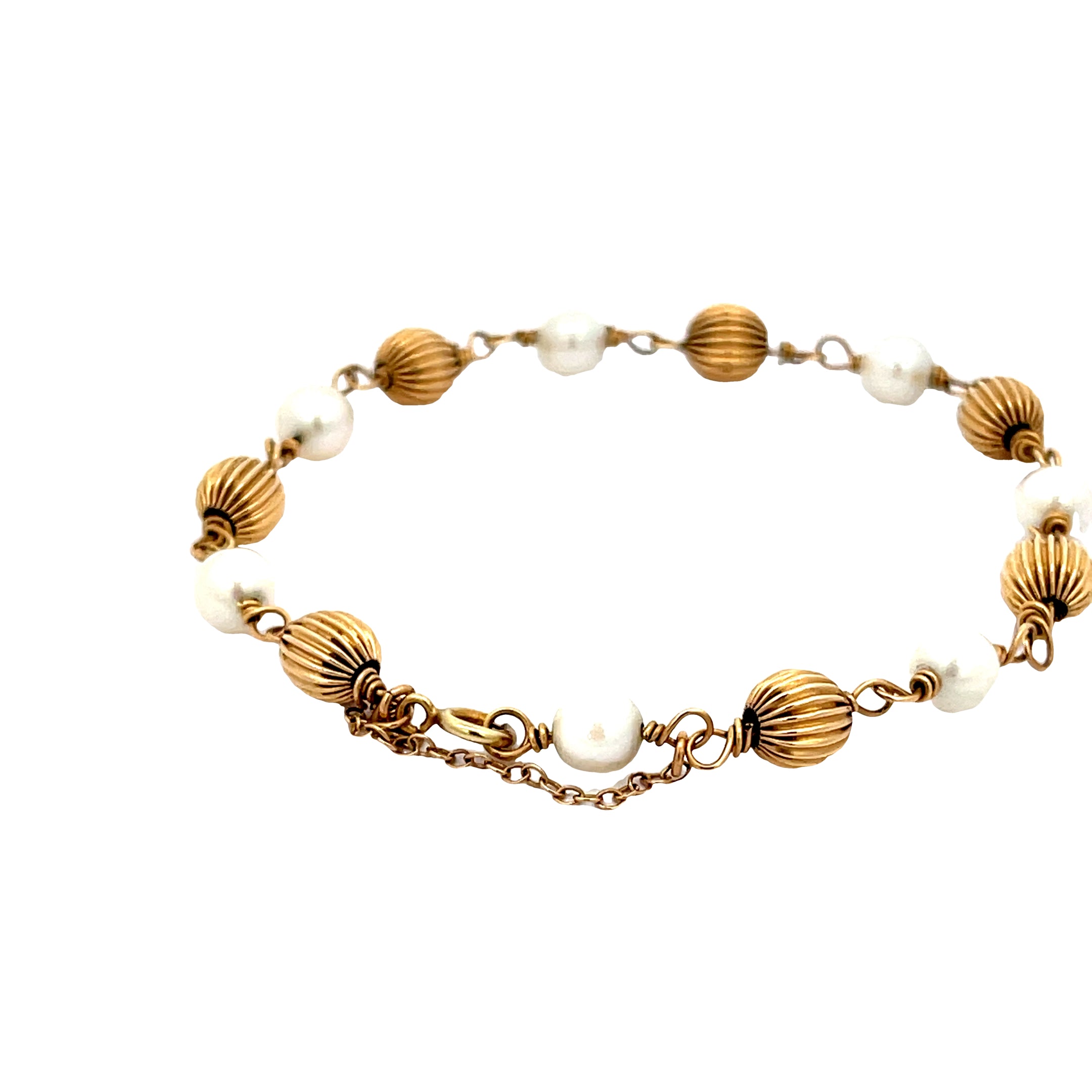 14k Yellow Gold  6mm Pearl and Gold Bead Vintage Bracelet 5 Gram  7"Inch