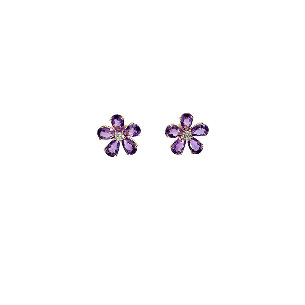 14K YELLOW GOLD  1.61 CT AMETHYST AND .07CT ROUND DIAMOND FLOWER STUD EARRINGS