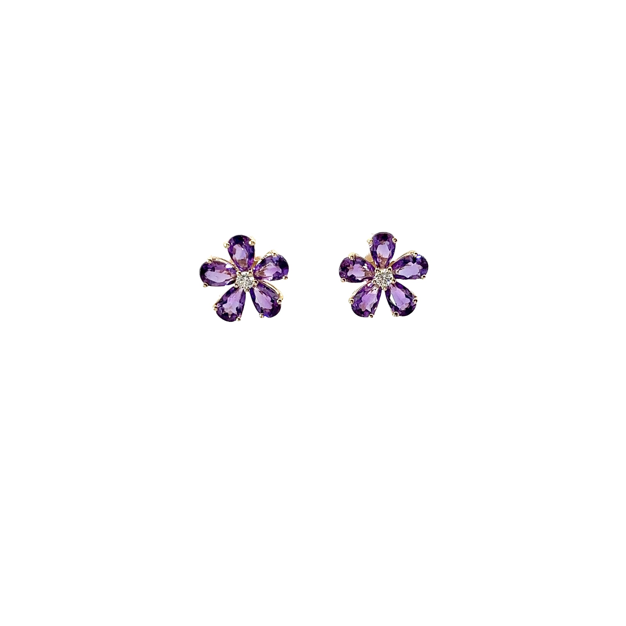 14K YELLOW GOLD  1.61 CT AMETHYST AND .07CT ROUND DIAMOND FLOWER STUD EARRINGS