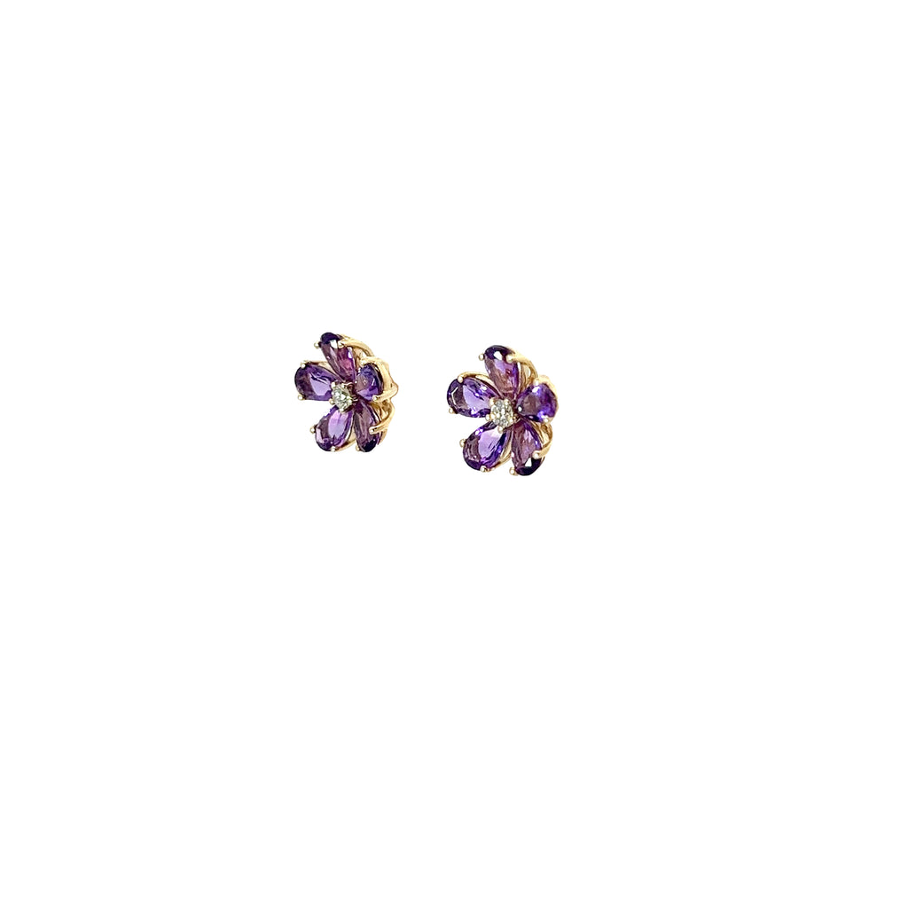 14K YELLOW GOLD  1.61 CT AMETHYST AND .07CT ROUND DIAMOND FLOWER STUD EARRINGS